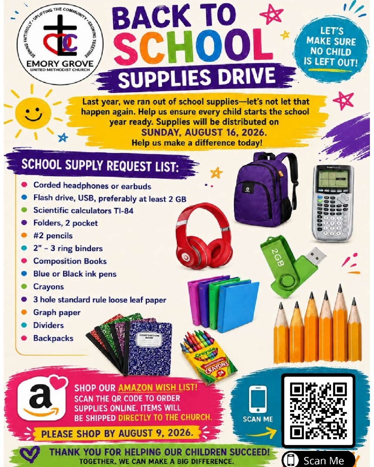 EGUMC Back To School Supply Drive Request Flyer with QR Code